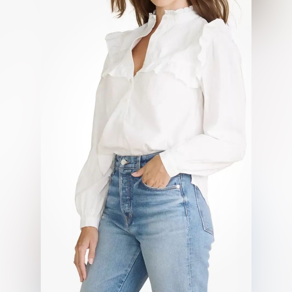 VERONICA BEARD White Sonnet Long Puff Sleeve Ruffle Cotton Button-Down